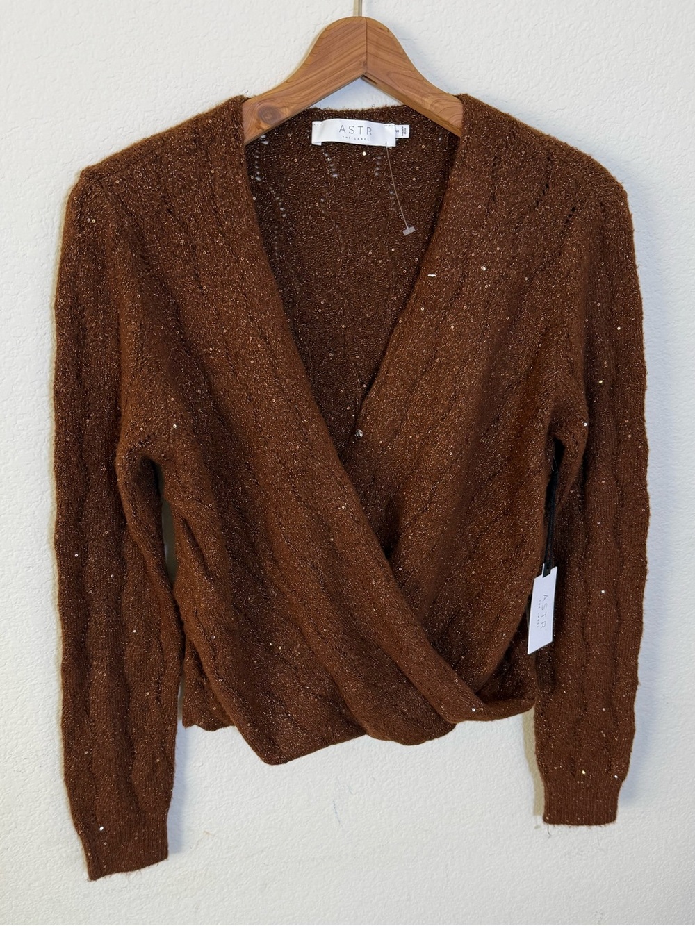 ASTR the Label Metallic Sequin Surplice Cable Stitch Sweater